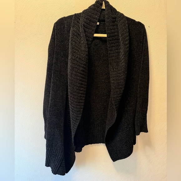 Seven7 Black Bouclé Open Cardigan Sweater L Cozy Drape Shawl Collar Soft Luxe - Picture 2 of 5